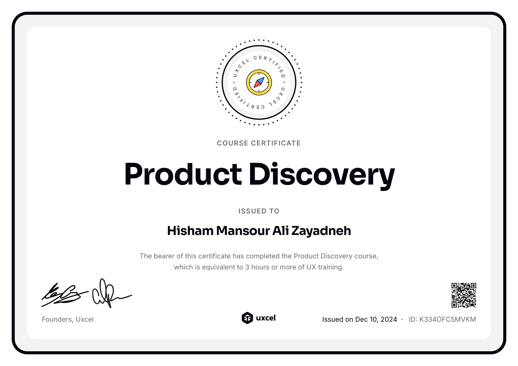 Hisham Zayadneh's certificate